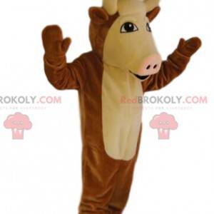 Brown and cream cow mascot, with a pretty pink muzzle -