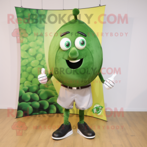 Olive Shakshuka mascot costume character dressed with a Shorts and Lapel pins