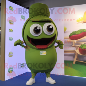 Olive Shakshuka mascot costume character dressed with a Shorts and Lapel pins