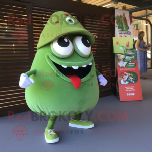 Olive Shakshuka mascot costume character dressed with a Shorts and Lapel pins