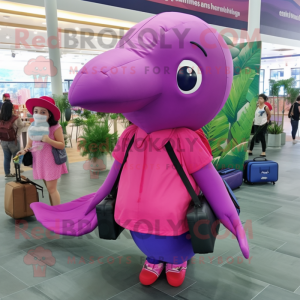 Magenta Whale mascot costume character dressed with a Maxi Dress and Backpacks