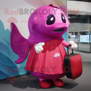 Magenta Whale mascot costume character dressed with a Maxi Dress and Backpacks