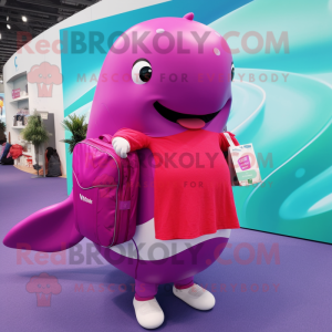 Magenta Whale mascot costume character dressed with a Maxi Dress and Backpacks