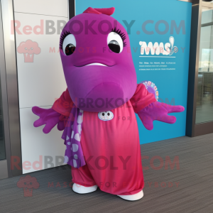 Magenta Whale mascot costume character dressed with a Maxi Dress and Backpacks