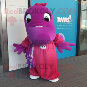 Magenta Whale mascot costume character dressed with a Maxi Dress and Backpacks