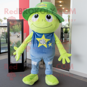 Lime Green Starfish mascot costume character dressed with a Denim Shorts and Caps