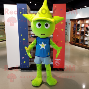 Lime Green Starfish mascot costume character dressed with a Denim Shorts and Caps