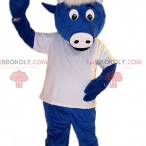 Mascote de boi azul, com uma camisa branca. Fantasia de carne -