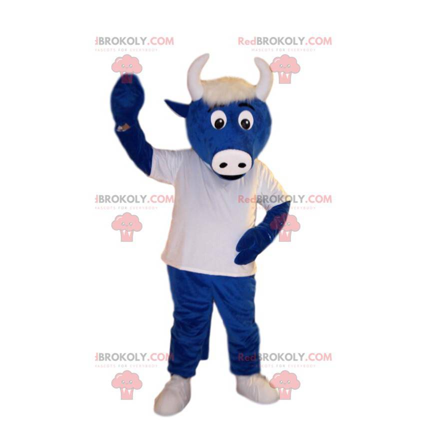 Blaues Rindfleischmaskottchen mit weißem Trikot. Rindfleisch