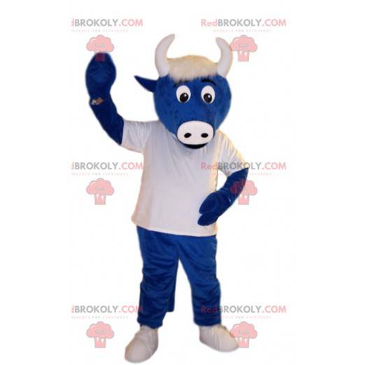 Blue beef mascot, with a white jersey. Beef costume -