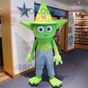 Lime Green Starfish mascot costume character dressed with a Denim Shorts and Caps