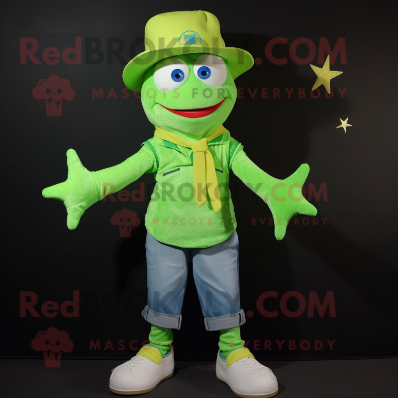 Lime Green Starfish mascot costume character dressed with a Denim Shorts and Caps