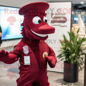 Maroon Seahorse mascot costume character dressed with a Jumpsuit and Hat pins