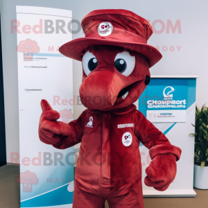 Maroon Seahorse mascot costume character dressed with a Jumpsuit and Hat pins