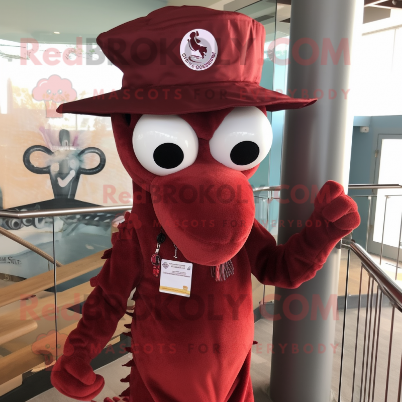 Maroon Seahorse mascot costume character dressed with a Jumpsuit and Hat pins