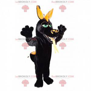 Mascotte de dragon noir, avec des yeux verts. Costume de dragon