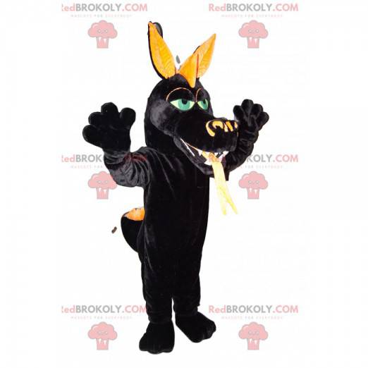 Schwarzes Drachenmaskottchen mit grünen Augen. Drachenkostüm -