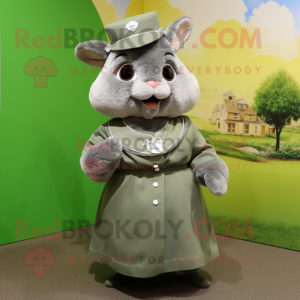 Olive Chinchilla mascot costume character dressed with a Skirt and Berets