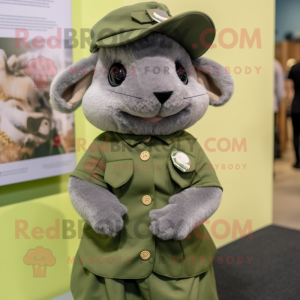 Olive Chinchilla mascot costume character dressed with a Skirt and Berets