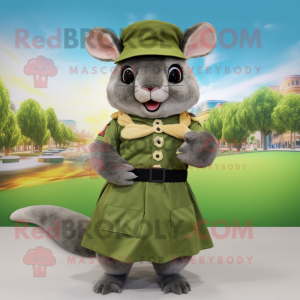 Olive Chinchilla mascot costume character dressed with a Skirt and Berets