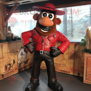 Red Goulash mascot costume character dressed with a Leather Jacket and Suspenders