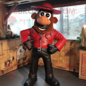 Red Goulash mascot costume character dressed with a Leather Jacket and Suspenders