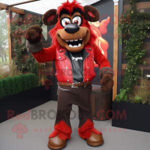 Red Goulash mascot costume character dressed with a Leather Jacket and Suspenders
