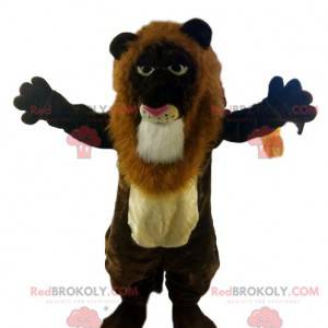 Mascotte de lion marron, avec une superbe crinière. Costume de