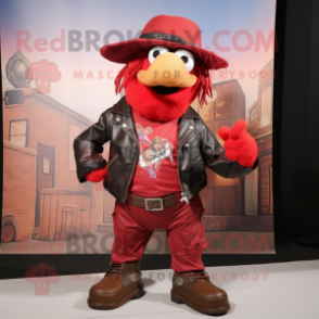 Red Goulash mascot costume character dressed with a Leather Jacket and Suspenders