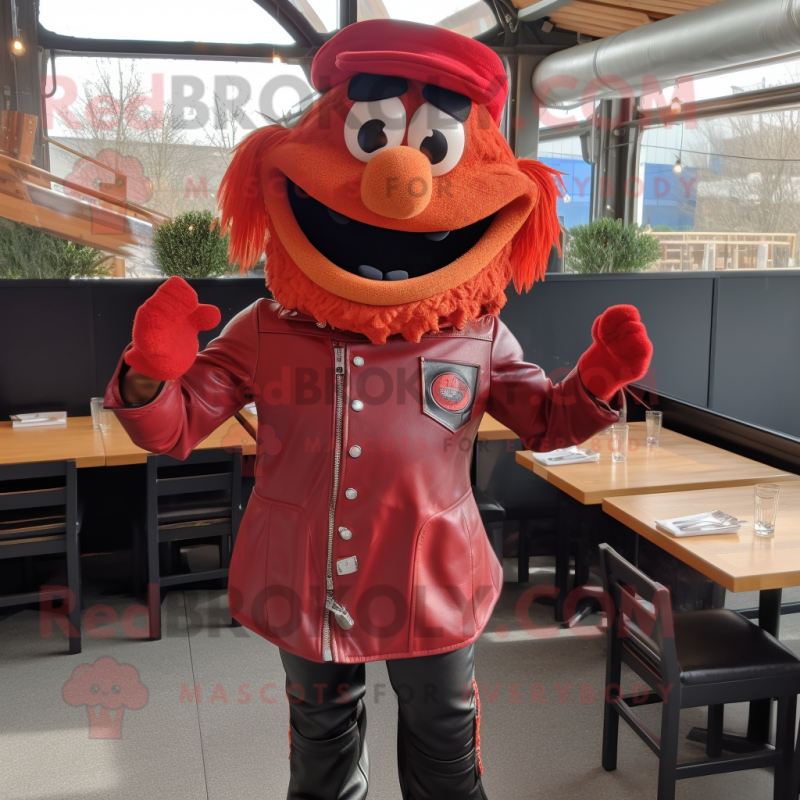 Red Goulash mascot costume character dressed with a Leather Jacket and Suspenders