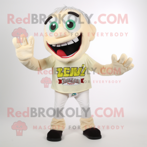 Cream Zombie mascot costume character dressed with a Henley Shirt and Bracelets