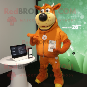 Orange Guernsey Cow mascot costume character dressed with a Jumpsuit and Digital watches