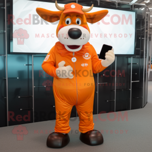 Orange Guernsey Cow mascot costume character dressed with a Jumpsuit and Digital watches