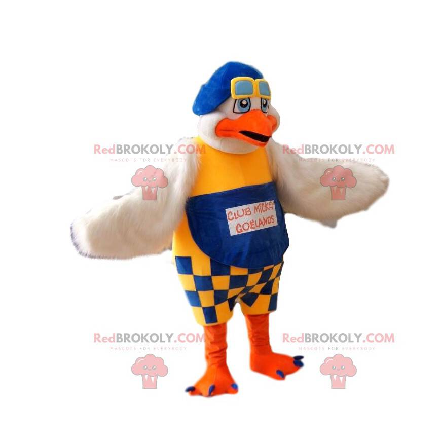 Mascote Goeland com macacão azul e amarelo. - Redbrokoly.com