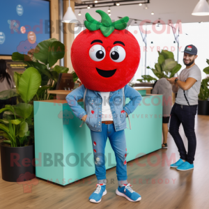 Turquoise Strawberry mascot costume character dressed with a Boyfriend Jeans and Anklets