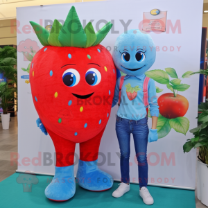 Turquoise Strawberry mascot costume character dressed with a Boyfriend Jeans and Anklets