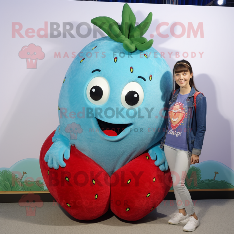 Turquoise Strawberry mascot costume character dressed with a Boyfriend Jeans and Anklets