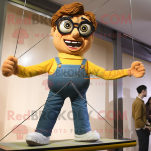 Yellow Tightrope Walker mascot costume character dressed with a Mom Jeans and Eyeglasses