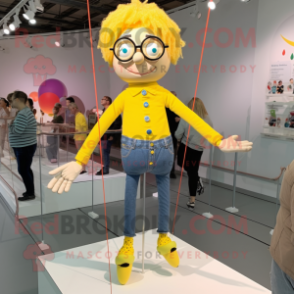 Yellow Tightrope Walker mascot costume character dressed with a Mom Jeans and Eyeglasses