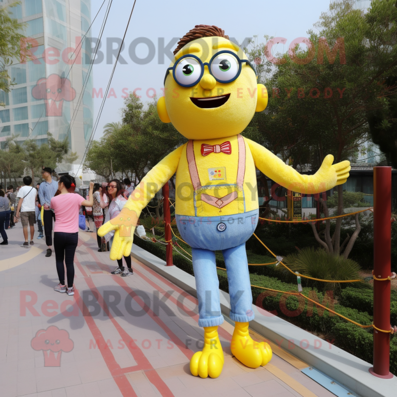 Yellow Tightrope Walker mascot costume character dressed with a Mom Jeans and Eyeglasses