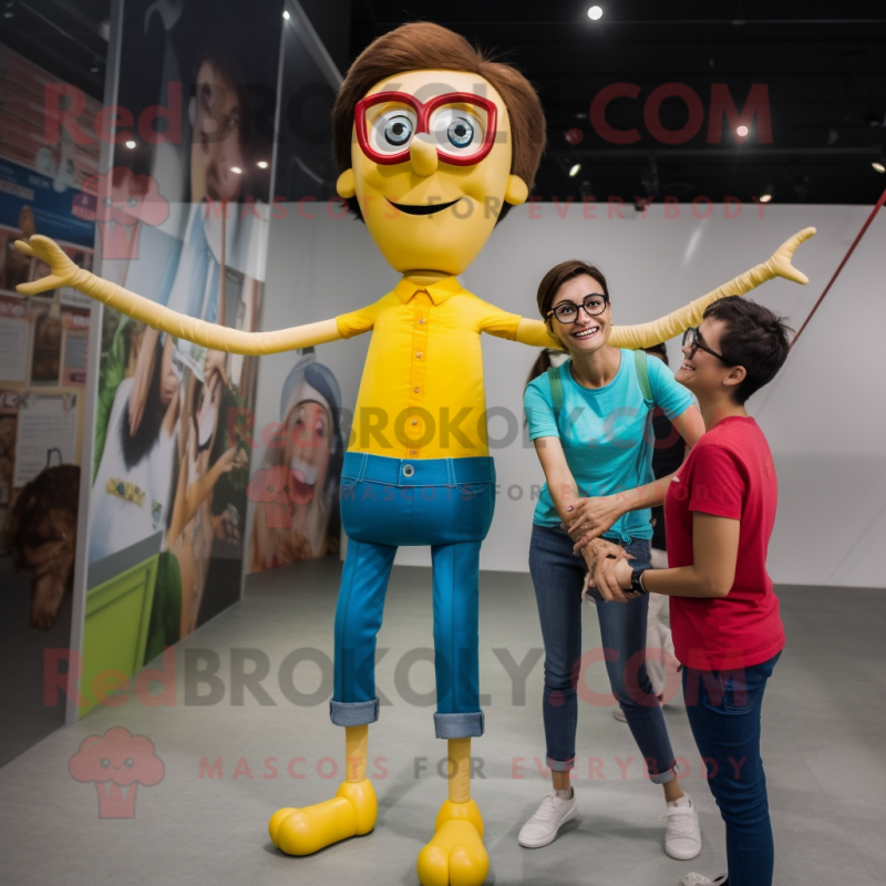 Yellow Tightrope Walker mascot costume character dressed with a Mom Jeans and Eyeglasses
