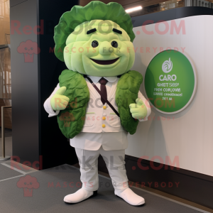 Cream Cabbage mascot costume character dressed with a Suit Jacket and Smartwatches