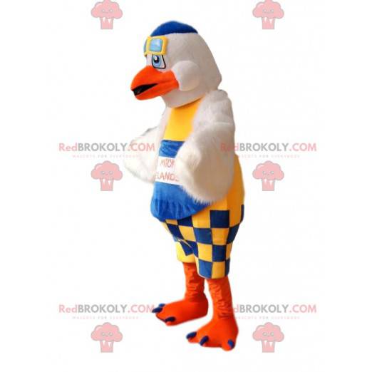 Mascote Goeland com macacão azul e amarelo. - Redbrokoly.com