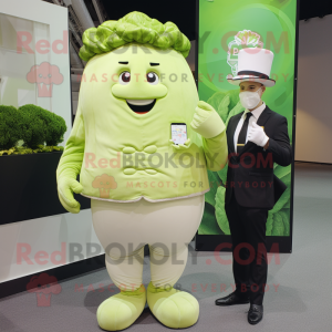 Cream Cabbage mascot costume character dressed with a Suit Jacket and Smartwatches