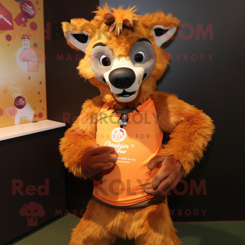 Orange Hyena mascot costume character dressed with a Henley Tee and Rings