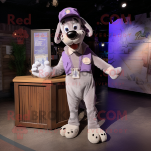 Lavender Dog mascot costume character dressed with a Romper and Belts