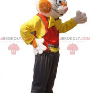 White and red cat mascot, with brown overalls - Redbrokoly.com