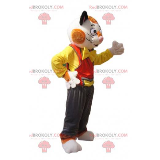Mascote gato branco e vermelho, com macacão marrom -