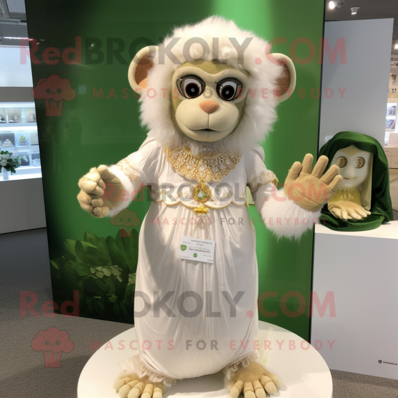 Olive Monkey mascot costume character dressed with a Wedding Dress and Coin purses