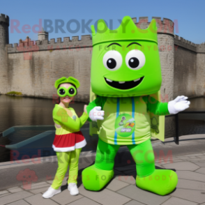 Lime Green Irish Castle mascot costume character dressed with a One-Piece Swimsuit and Backpacks